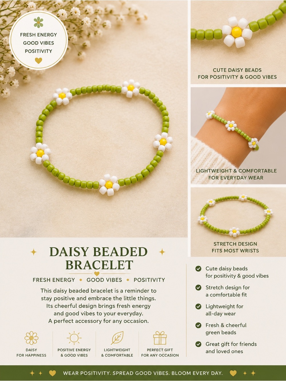 Daisy Beaded Bracelet - Green & White